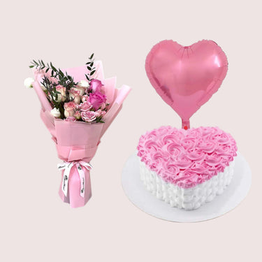 Pink Heart Cake with Flowers & Love Balloon